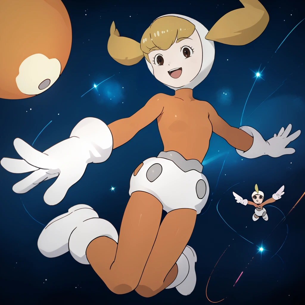 score_9, score_8_up, score_7_up, 1girl, solo, uncensored,  kaibaneiro,  smile, open mouth, flying, looking at viewer,  blonde hair, brown eyes, white hood, orange bodysuit, white gloves, white footwear, outdoors, abstract background, space, stars, planets   <lora:KaibaNeiroXL_v1.0:1.2>