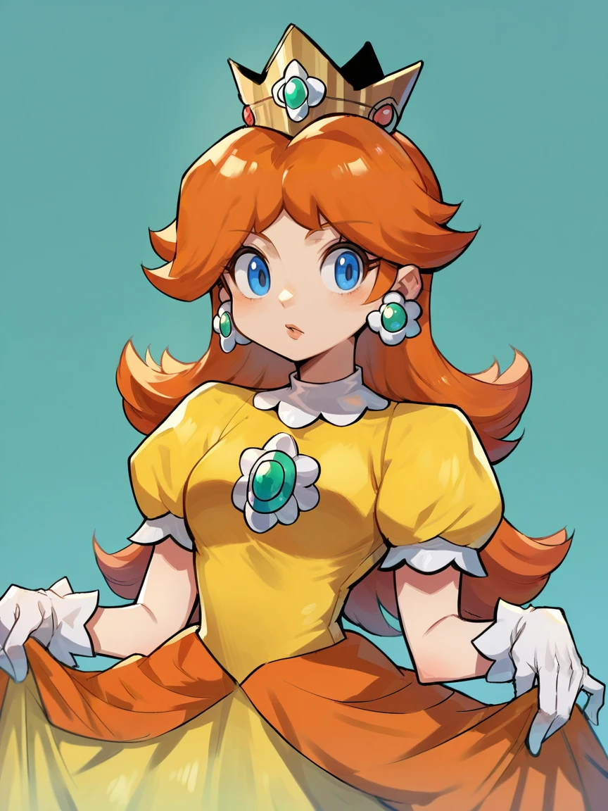 score_9, score_8_up, score_7_up, score_6_up, score_5_up,  <lora:PrincessDaisyXLP:1> princess daisy, 1girl, earrings, solo, blue eyes, crown, long hair, white gloves, orange hair, dress