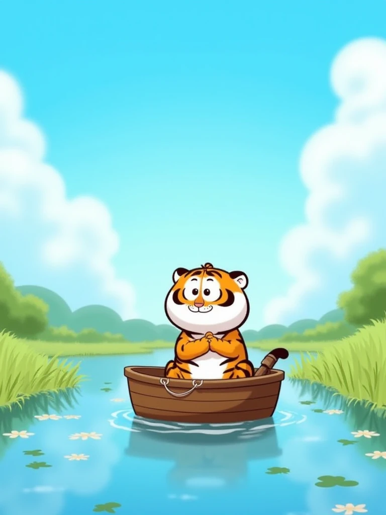 cartoon,tiger sit in boat, blue sky, river