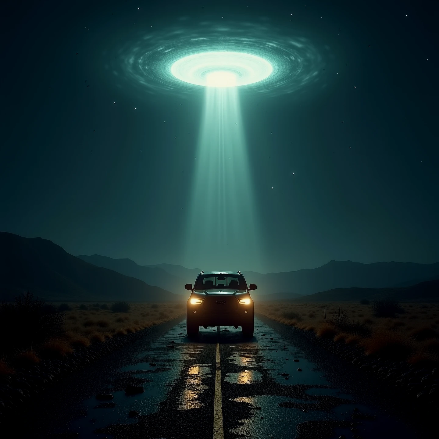 A pickup truck on a remote road, beneath the spectral lights of an alien spaceship at night.

alnabdctnCE style 