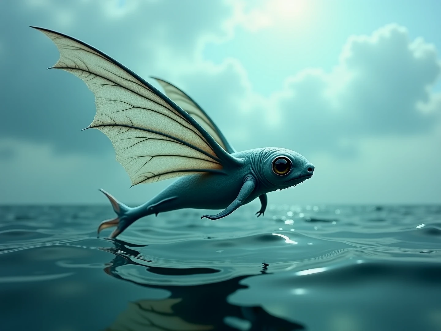 A winged fish creature, gliding across the surface of the ocean, just offshore.

gldrcrtrCE style