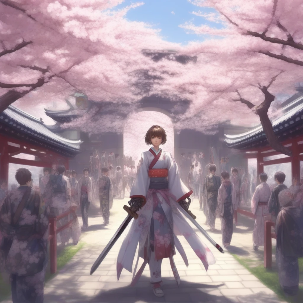 cherry blossoms, music, 1girl, sword, mecha, short hair, arch, japanese clothes, multiple boys