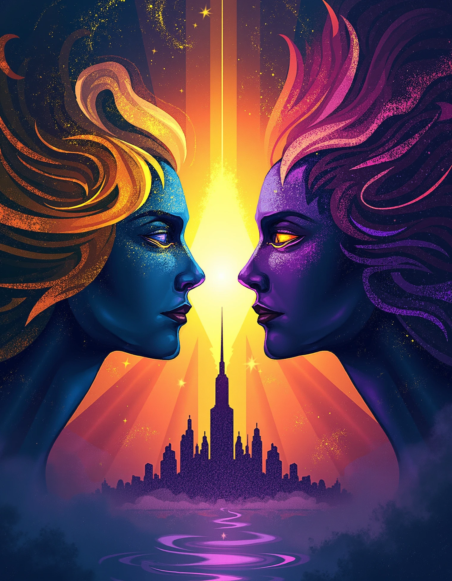 zavy-trtrt, In a flat design and geometric abstraction Art Deco painting, two cosmic beings, one glowing gold and one deep violet, face each other from opposite sides of a glowing star, suspended in a sea of swirling galaxies. Beneath them, a futuristic city rises from the mist