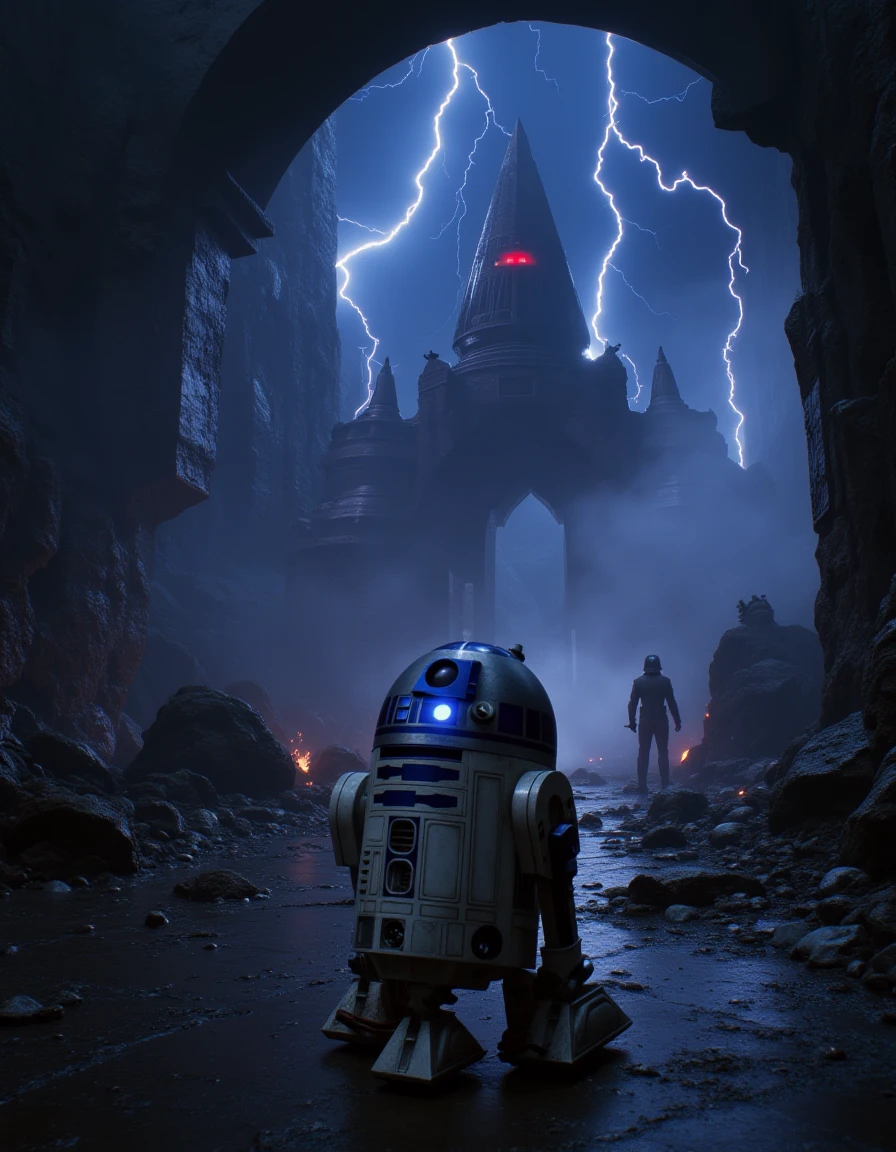 a Photo of a r2d2 star wars droid,beautiful composition,at Sith Temple on Exegol - Dark, ominous structures surrounded by lightning and floating monoliths, deep within Exegolâs core.,lucasfilm,star wars characters in background,8k,tacksharp, <lora:r2d2:1>, <lora:star wars style v1:1> star wars style