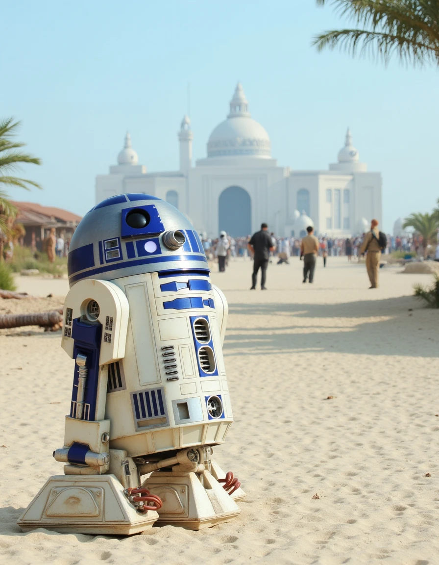 a Photo of a r2d2 star wars droid,beautiful composition,at Scarif Imperial Base - The ocean planet of Scarif with palm trees and white-sand beaches, contrasting with the Imperial facility.,lucasfilm,star wars characters in background,8k,tacksharp, <lora:r2d2:1>, <lora:star wars style v1:1> star wars style