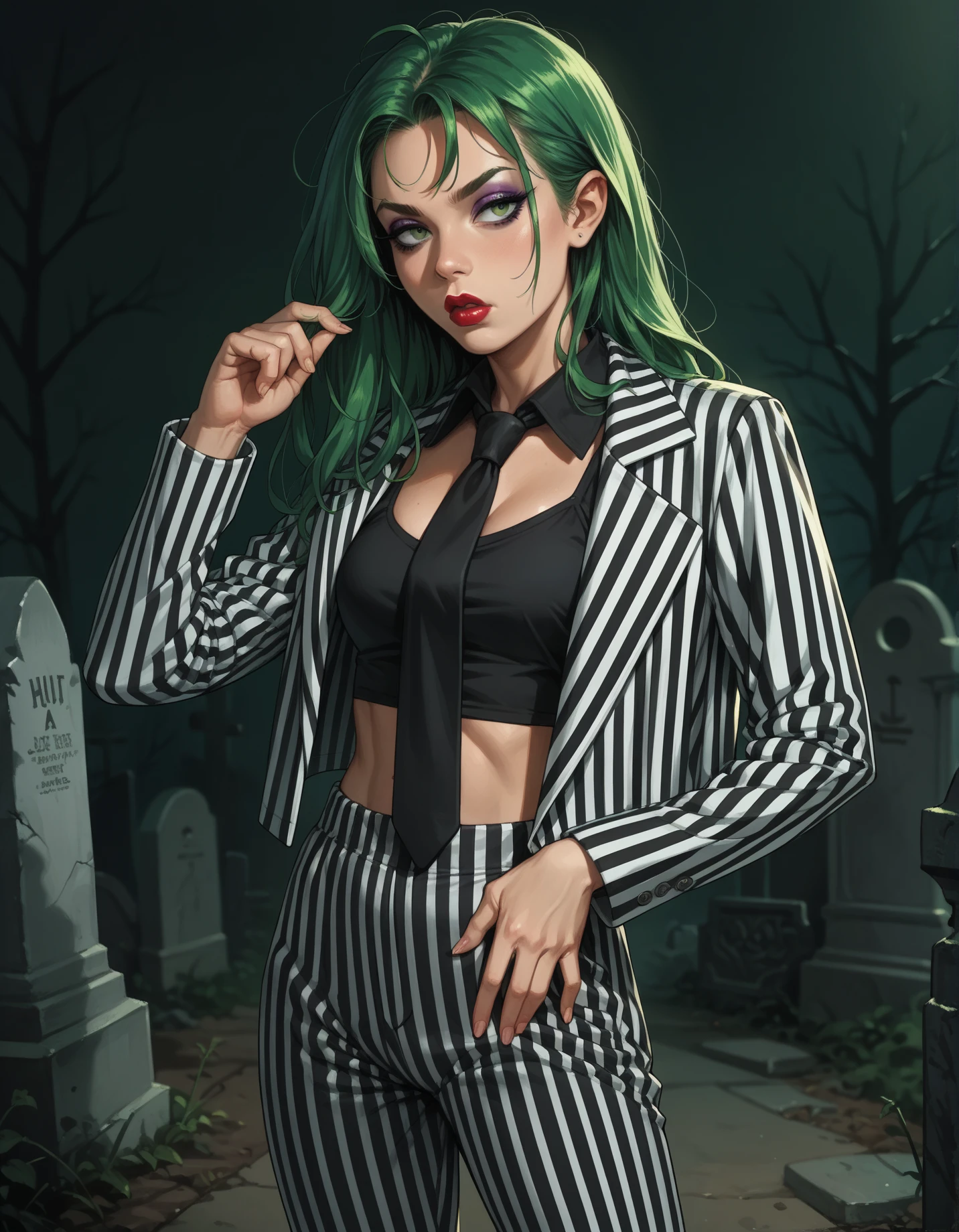 score_9, score_8_up, score_7_up, score_6_up, score_5_up, score_4_up, 1girl, long green hair, eyeshadow, lipstick, solo, hud_b33tl3_j, pinstripe suit, striped pants, necktie, crop top, <lora:ms_beetlejuice-000008:0.6>, graveyard