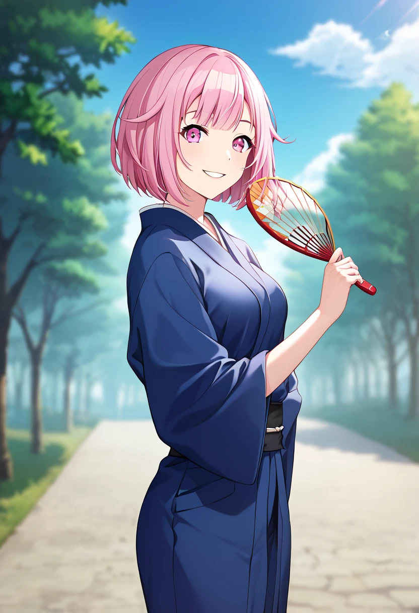 otori_emu, pink hair, short hair, pink eyes, official art, pink eyes, medium breasts, japanese clothes, blue kimono,  BREAK blurry background BREAK  looking at viewer, folded fan, holding fan, depth of field, proud look, parted lips, smile BREAK score_9, score_8_up, score_7_up, source_anime ,zPDXL, perfect hand, <lora:Otori_Emu:0.8>