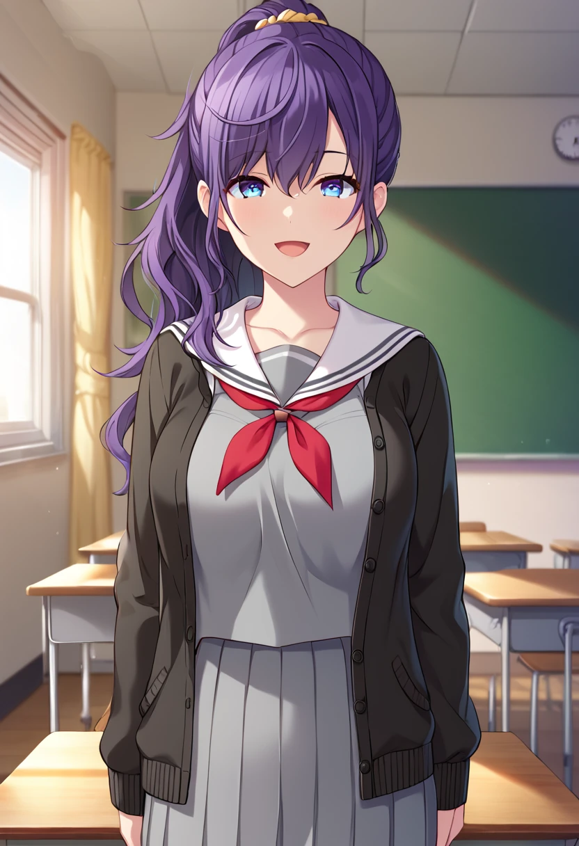 asahina_mafuyu, purple hair, purple eyes, blue eyes, gradient eyes, mossy ponytail, long hair, breasts, official art, school uniform,  pleated skirt, large breasts, black cardigan, grey shirt,  open cardigan, black pantyhose, sailor collar, serafuku, open clothes, grey skirt, blue eyes, pleated skirt, white sailor collar, red neckerchief, BREAK indoors, classroom BREAK looking at viewer, sexy face, sexy smile, open mouth, cowboy shot BREAK score_9, score_8_up, score_7_up, source_anime ,zPDXL, perfect hand,<lora:Asahina_Mafuyu:0.8>,