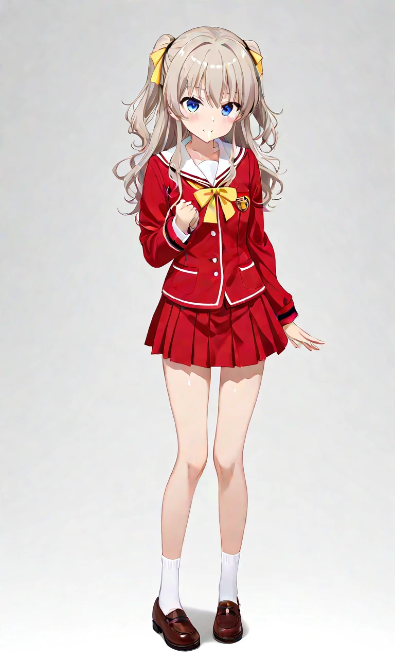 1girl, tomori nao, charlotte \(anime\), full body, school uniform, yellow ribbon, special_eyes, blue eyes, white background, simple background, (masterpiece:1.2), (best quality:1.2), (very aesthetic:1.2), (absurdres:1.2), newest, perfect anatomy, 