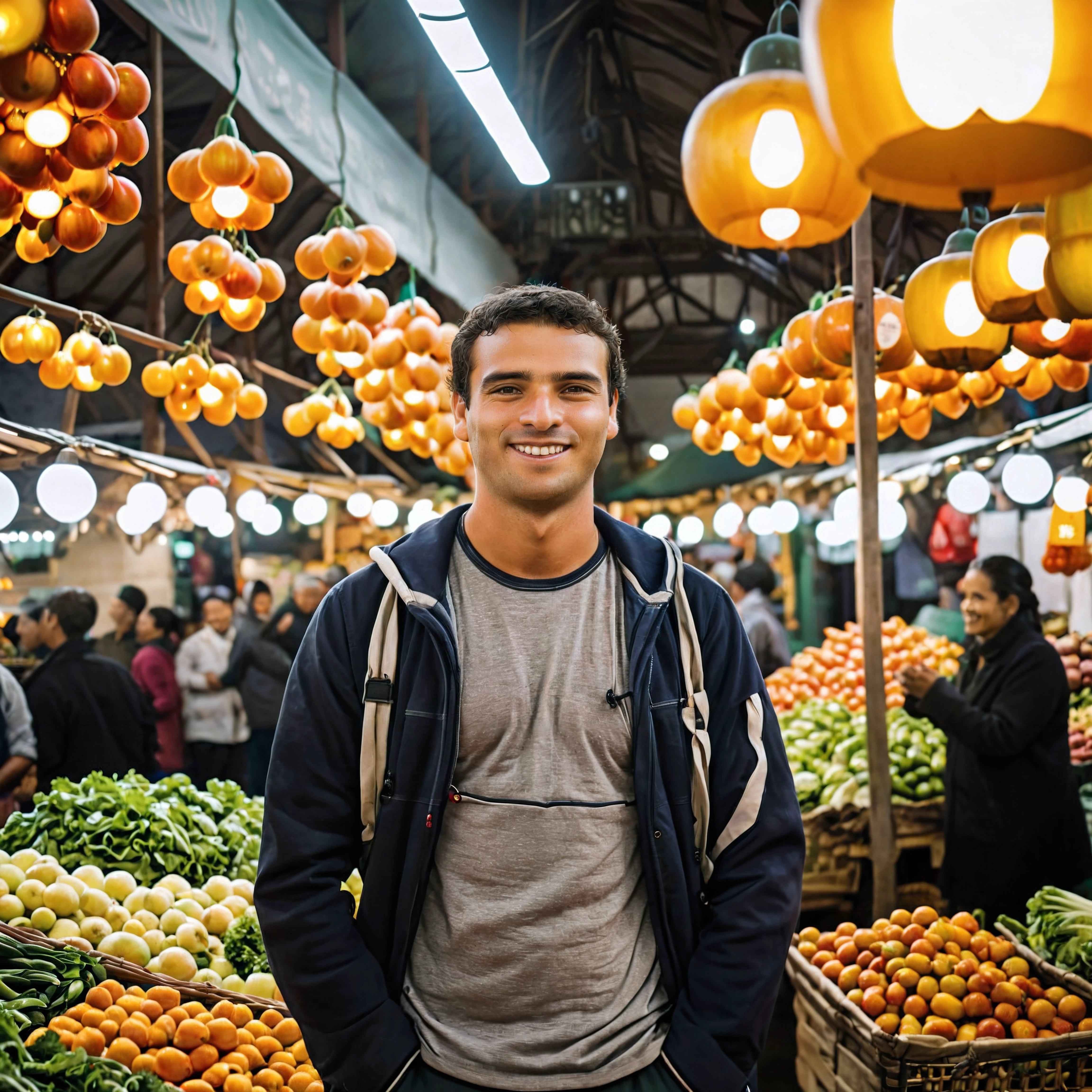 Street portrait of ɐɳđɍǝɐɳɐƴɐ at a bustling food market, surrounded by colorful produce and busy shoppers. Overhead natural light mixed with the glow of market lamps, captured with a 50mm lens for a close yet contextual shot. Warm, inviting smile, embodying the lively market atmosphere  <lora:andreanaya-ɐɳđɍǝɐɳɐƴɐ-xl_9500_lora_f32:1>