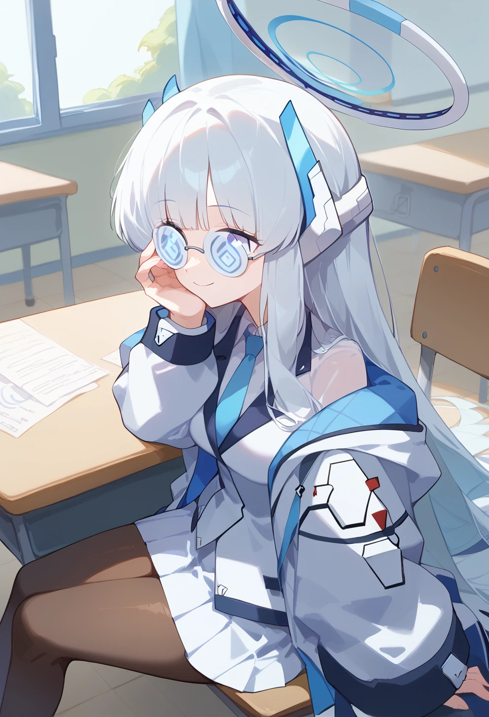 score_9, score_8_up, score_7_up, source anime, noa \(blue archive\), 1girl, long hair, mechanical halo, headphones, smile, white suit, white jacket, open jacket, blue necktie, off shoulder, classroom, adjusting eyewear, spiral glasses, sitting, on chair, desk, from side, pleated skirt, pantyhose, <lora:coke-bottle_glasses-xl-pony-v1:1>, <lora:noa-xl-pony-v2-000009:1>, <lora:naip33:1>,