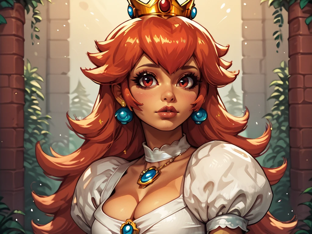 Score_9, score_8_up, score_7_up, score_6_up, score_5_up,
nes_peach, 1girl, solo, breasts, long hair, earrings, cleavage, jewelry, crown, white dress, looking at viewer <lora:NES_Peach:0.7> red eyes, princess peach