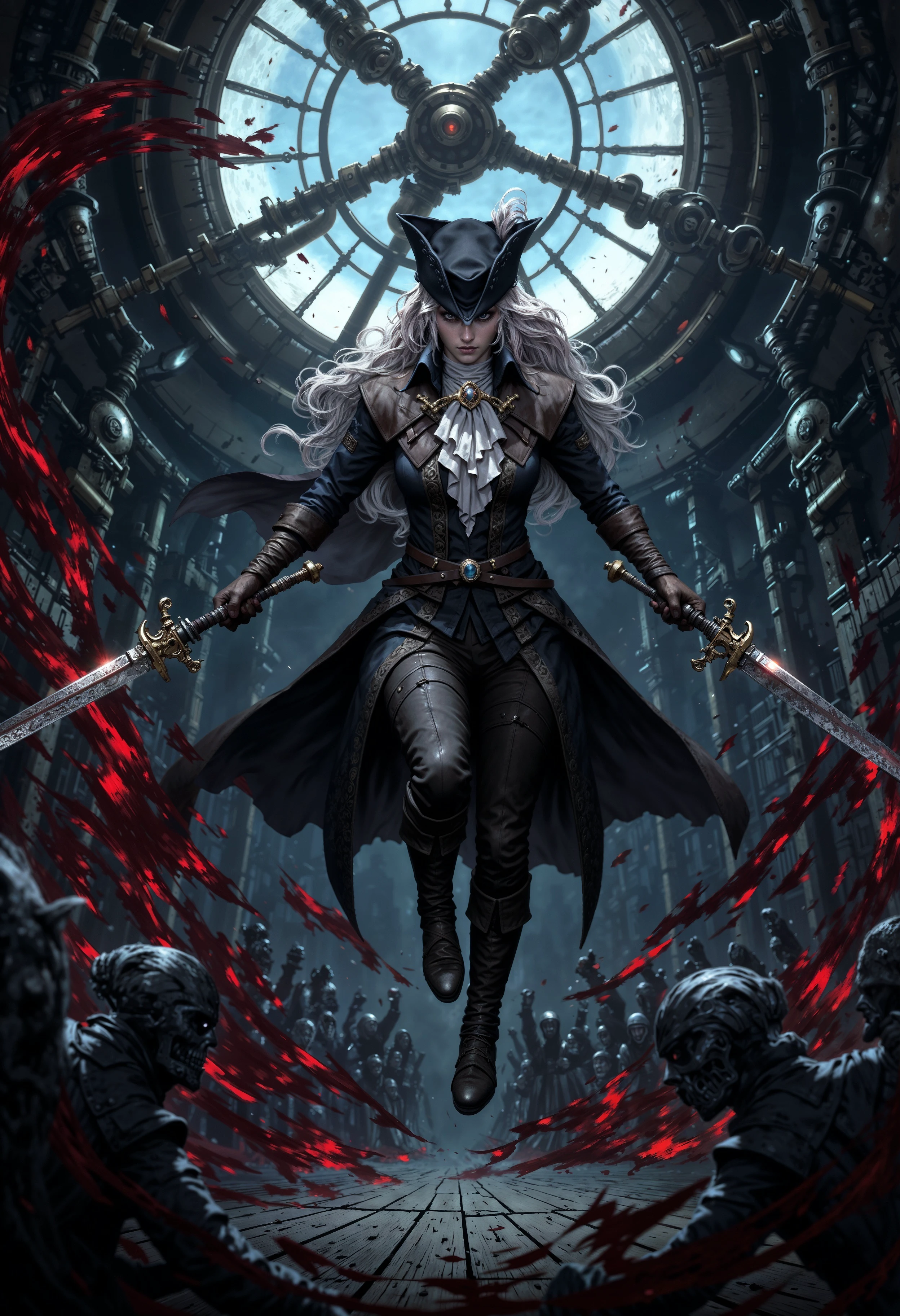 Lady Maria moves with deadly grace in the heart of battle, her twin blades, Rakuyo, gleaming as they slice through the air with lightning speed. She leaps from the center of the Astral Clocktower, her black coat billowing behind her, the wide brim of her hat casting a sharp shadow over her fierce, determined eyes. Blood sprays across the dimly lit room as her blades cut through her enemies, each movement precise and fluid, a masterful dance of death. Her silver hair, streaked with crimson, flows behind her like a banner, and her eyes, burning with cold fury, lock onto her next target. The massive gears of the clocktower turn slowly in the background, ticking ominously as if marking each deadly strike. Blood arcs in the air as her blades glow faintly with a supernatural light, reflecting the moonlight streaming in from the high windows. The entire scene pulses with the raw energy of combat, capturing the moment Maria unleashes her full, terrifying power. <lora:FluxLadyMaria:1> <lora:FluxMythP0rtr4itStyle:0.7>