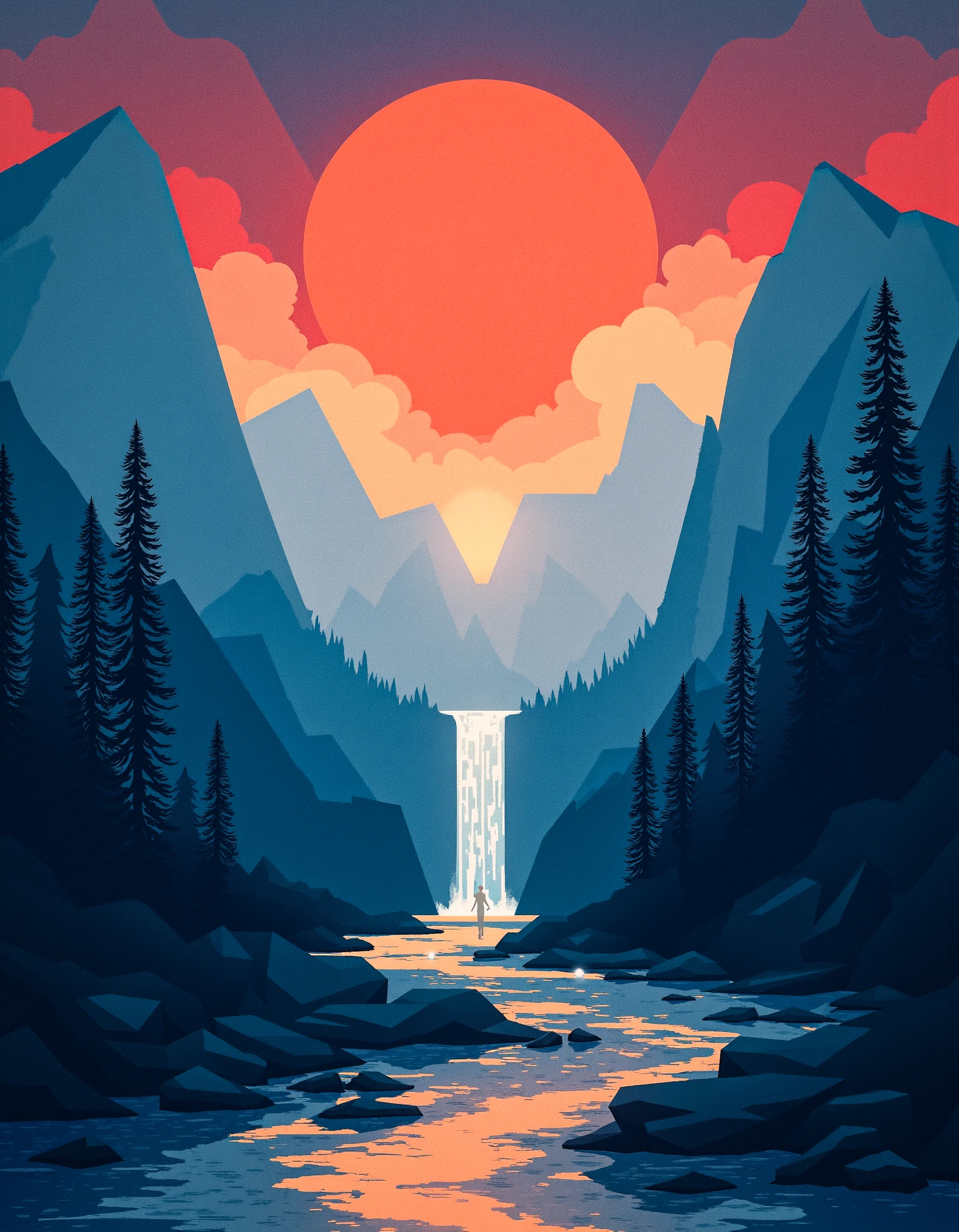 zavy-trtrt, A flat design, geometric abstraction Art Deco painting of two towering mountains, one white and one black, standing on either side of a serene valley bathed in twilight. Between them, a glistening river winds toward a distant waterfall