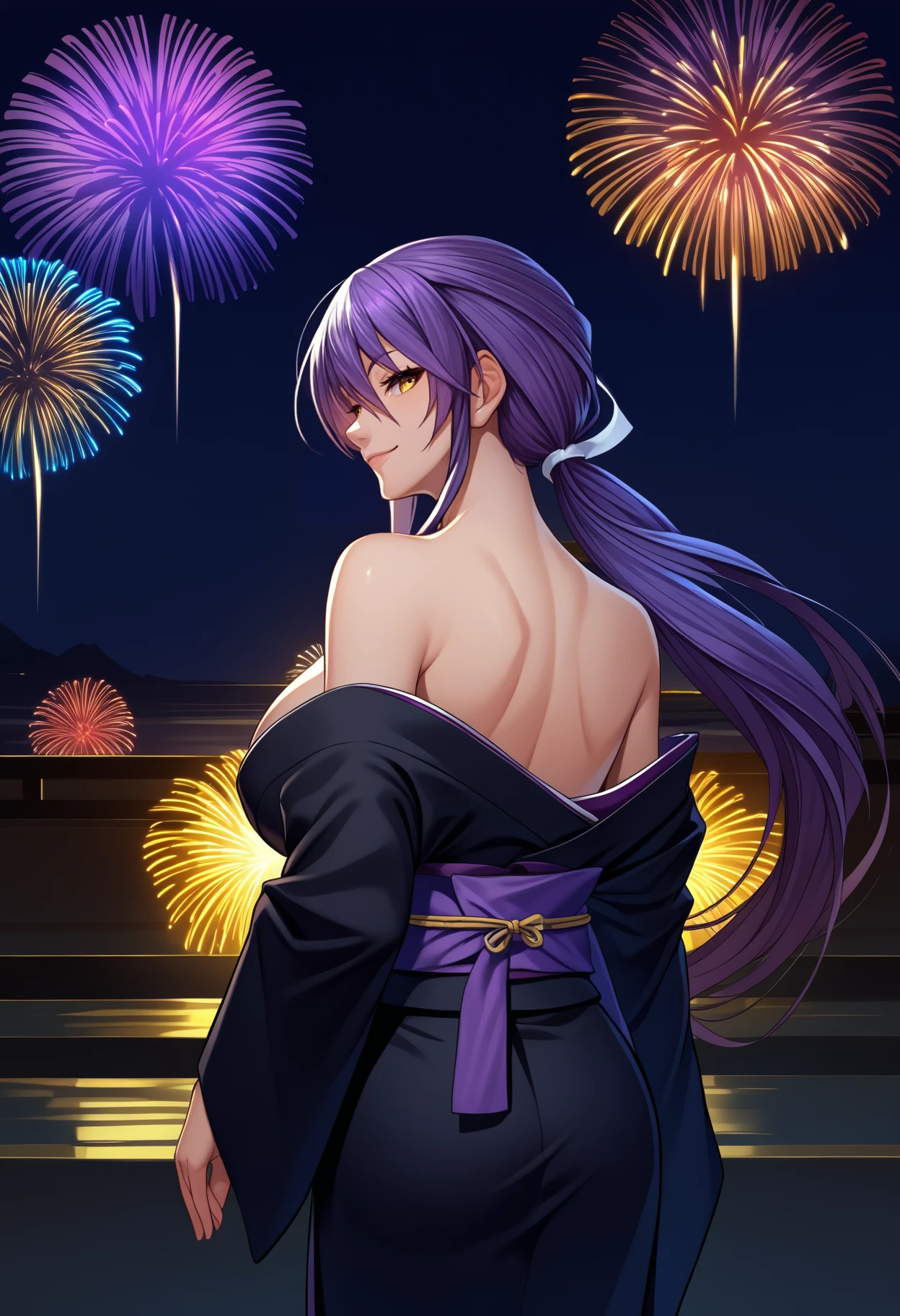 score_9, score_8_up, score_7_up, source_anime, <break> from behind, solo, 1girl, shiki reika, light smile, looking back, long hair, purple hair, ponytail, yellow eyes, japanese clothes, black kimono, off shoulder, purple sash, bare shoulders, large breasts, fireworks
<segment:yolo-face_yolov8m.pt,0.4,0.5//cid=1>