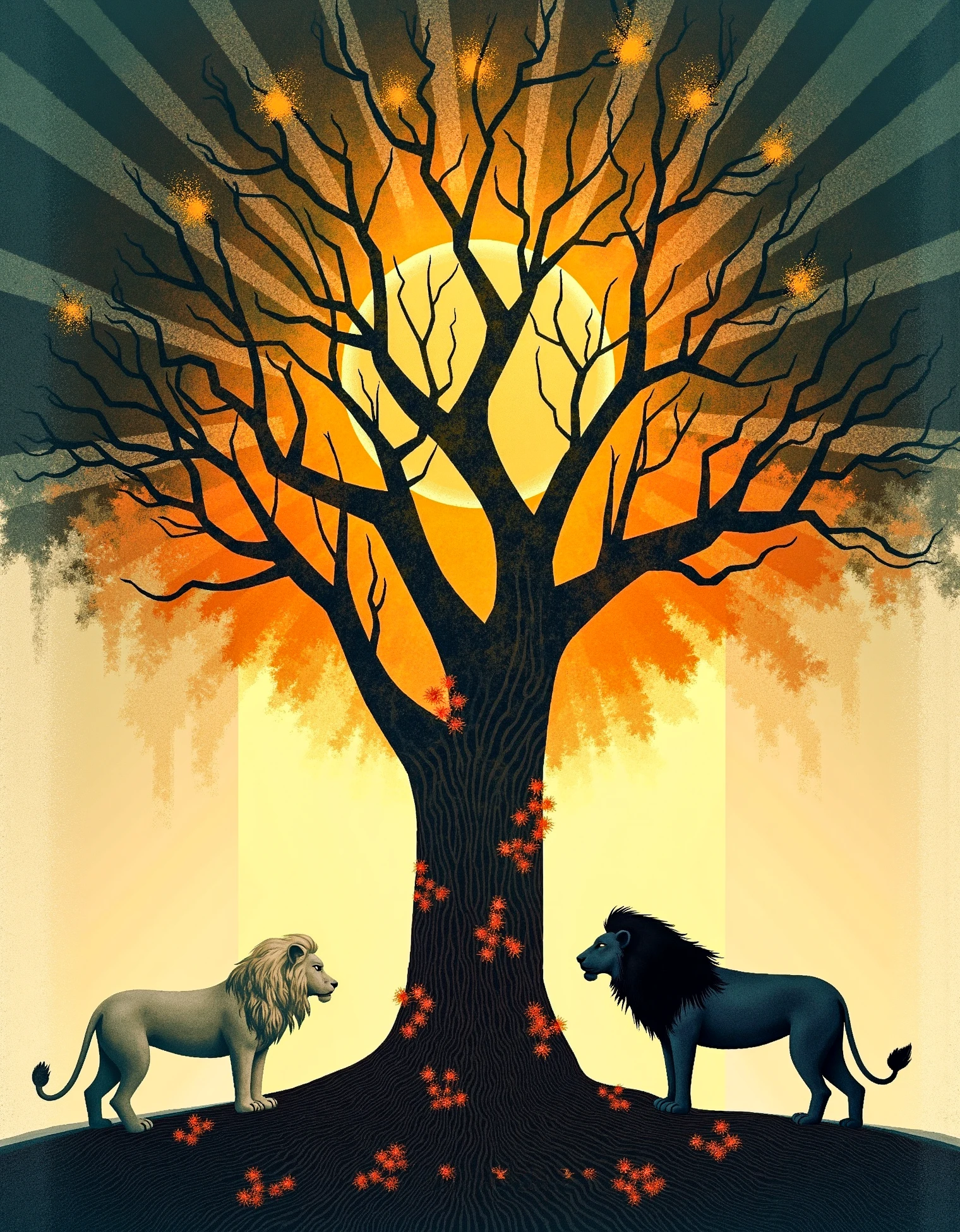 zavy-trtrt, A flat design and geometric abstraction Art Deco painting of two lions, one silver and one obsidian, standing on opposite sides of a massive tree whose branches form intricate geometric patterns in the sky. A soft, golden light filters through the leaves