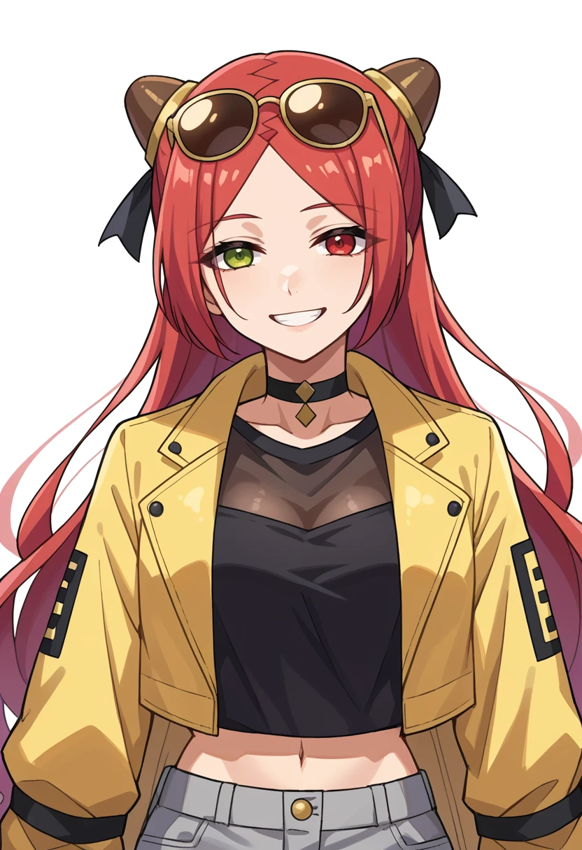 score_9, score_8_up, source_anime, 1girl, solo, ShibaTomoshibi, heterochromia, red hair, long hair, parted bangs, hairpods, black shirt, upper body, eyewear on head, sunglasses, grey pants, midriff, see-through cleavage, yellow jacket, black choker, smile, simple background, white background, <lora:ChamShibaTomoshibiPonyXL:1>