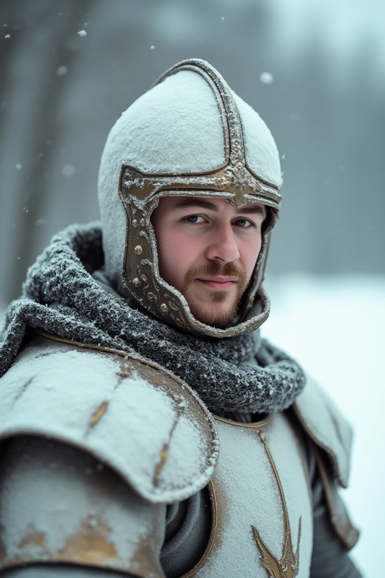 best quality, 4K, 8K, high-resolution, masterpiece, ultra-detailed, photorealistic, a man dressed in a white and gold armor standing in the middle of a snow covered field with trees in the background, upper body, blurry, armor, blurry background, helmet, shoulder armor, 1other, pauldrons, breastplate, snowing, knight, full armor, ambiguous gender, helm