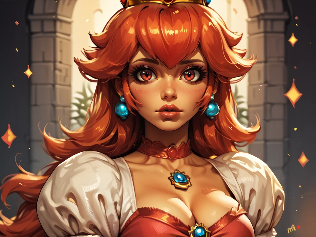 Score_9, score_8_up, score_7_up, score_6_up, score_5_up,
nes_peach, 1girl, solo, breasts, long hair, earrings, cleavage, jewelry, crown, dress, looking at viewer <lora:NES_Peach:0.7> red eyes, princess peach