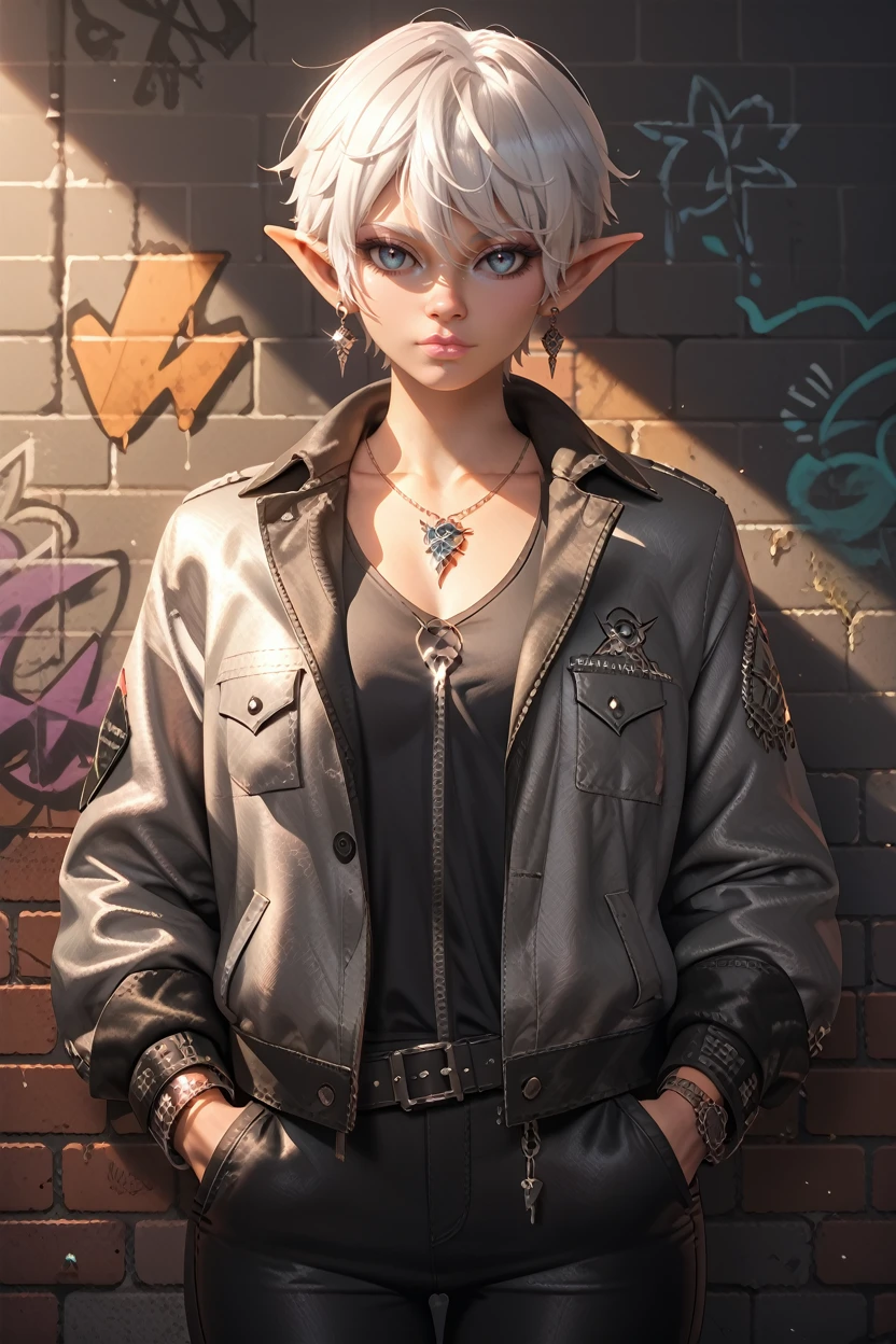 score_9, score_8_up, score_7_up, score_6_up
<lora:ECD:0.8>
ECD, 1girl, white hair, short hair, pointy ears, looking at viewer, leaning against a brick wall, hands in jacket pockets, urban alleyway with graffiti art, moody lighting with shadows, edgy and modern vibe