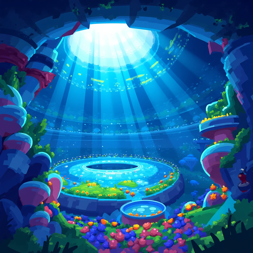 Kurzgesagt style, vector graphics illustration of a massive, dome-shaped structure with a metallic exterior and a lush, vibrant oceanic landscape inside, complete with schools of bioluminescent fish.,  <lora:Kurzgesagt_style_vector_graphics_FLUX_v1_r1-000031:1>