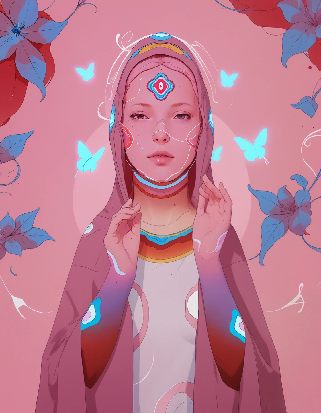 vmos, woman wearing hooded cloak, blue red white wavy line blob third eye, red yellow line blob on head, pink purple blue gradient cloak, white pink red gradient arms and hands, blue red white wavy line blobs on arms, blue pink flowers, halo of flowers and white floral design, glowing butterfly, pink background with white line, pink circle, and white wavy lines