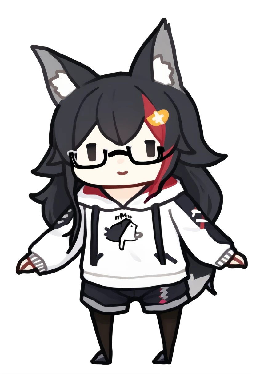 score_9, score_7_up, <break> chibi, simple background, white background, full body, solo, 1girl, mio_hoodie, light smile, hair ornament, two-tone hoodie, dot eyes, glasses, short shorts, black pantyhose, tail wrap, tail around leg