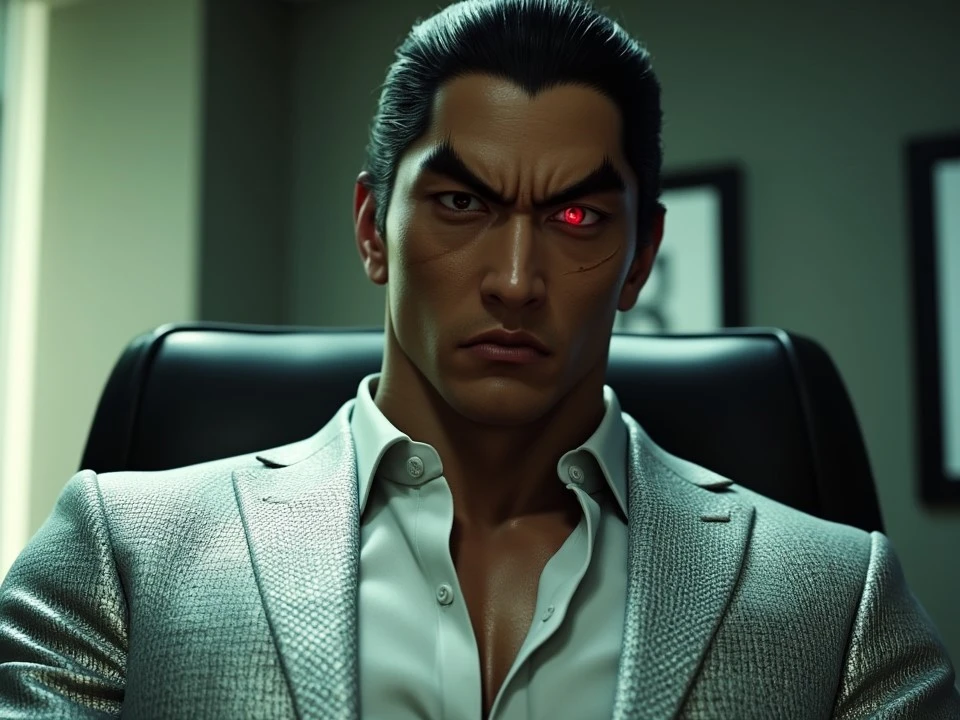 photo of japanese man, kazuyamishima, wearing silver snakeskin suit, cinematic face shot, muscular neck, cinematic lighting, 35mm, sitting in office, loose white shirt, buff, youthful appearance, young, one red glowing eye