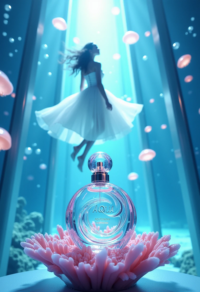 This image is a high-fashion advertisement for perfume by Valente called Aqua Lumière. The scene is a futuristic underwater world, with light streaming through glass walls that show the ocean beyond. The model floats gracefully in an ethereal white gown, surrounded by luminous jellyfish and glimmering bubbles. The perfume bottle sits on a coral-like pedestal—a transparent, spherical bottle with swirling iridescent colors, resembling a droplet of water, topped with a pearl-like cap. The aesthetics are sleek, modern, and ethereal, blending high fashion with a surreal, aquatic dreamscape. The perfume embodies freshness and radiance.