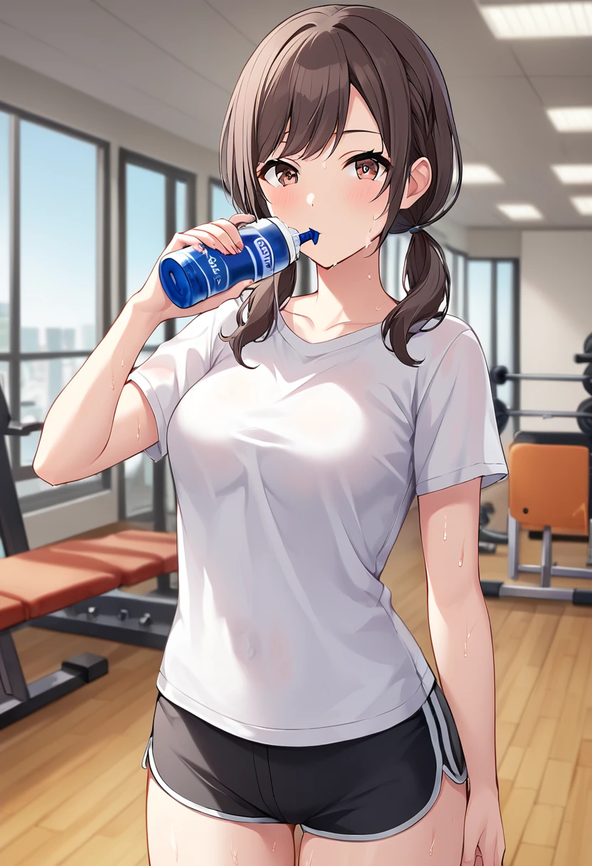 shinonome_ena, brown hair, brown eyes, short hair, short twintails, low twintails,official art, medium breasts, white shirt, black short shorts, sweat, sweating BREAK indoors, gym  BREAK looking at viewer, sexy face, drinking, holding water bottle, standing,  BREAK score_9, score_8_up, score_7_up, source_anime ,zPDXL, perfect hand,  <lora:Shinonome_Ena:0.8>