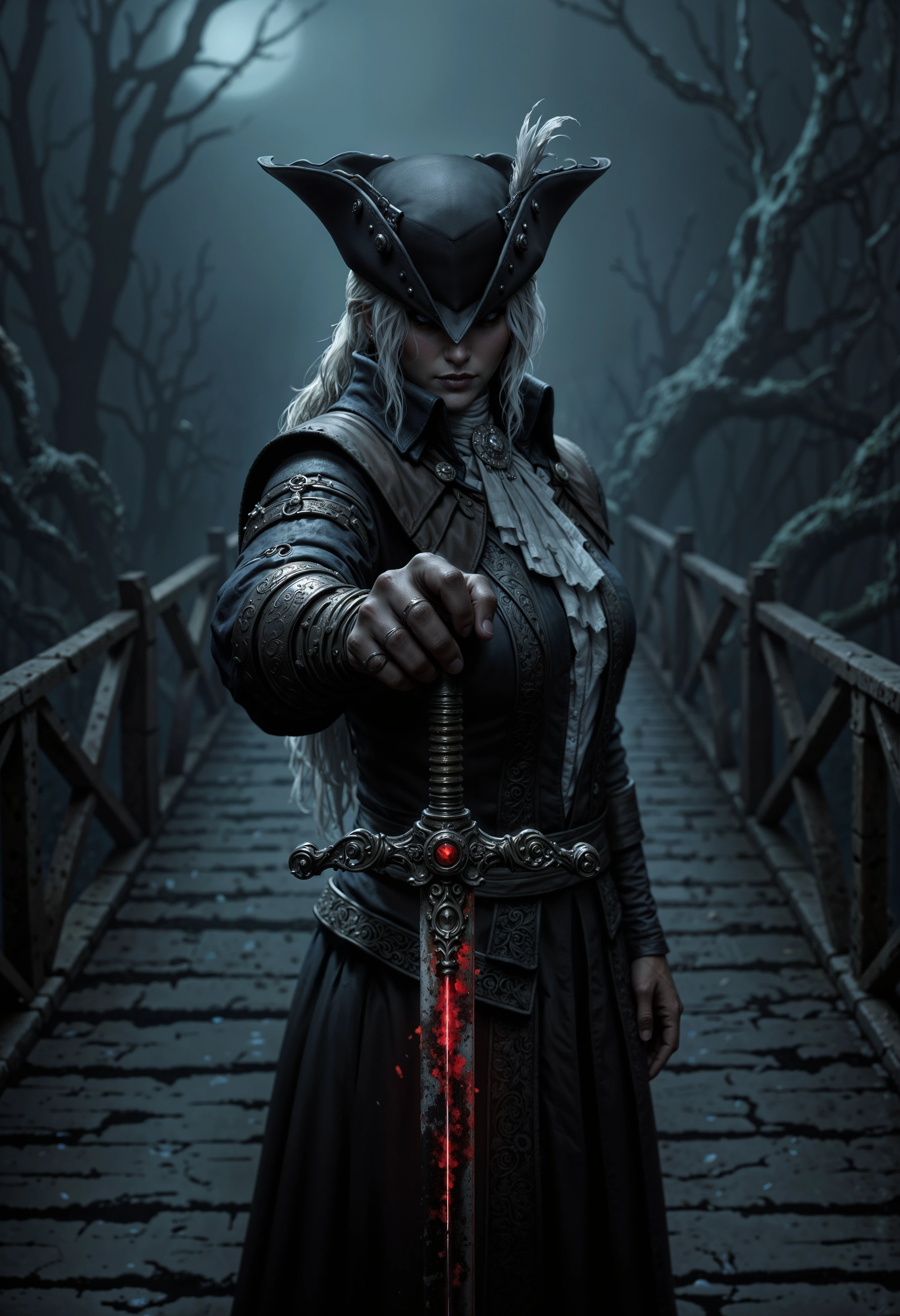 the beautiful Lady Maria, draped in tattered, dark coat that pulses with a faint, eerie glow, stands on a creaking wooden bridge. She points the tip of a bloody, rune-etched sword menacingly at the camera, the blade crackling with dark energy. Shadows swirl around her, and the misty air is thick with tension. her silver hair fall from her hat on her eyes, reflecting the bridge's warped, splintered planks, over the sword camera view <lora:FluxLadyMaria:1>  <lora:FluxMythP0rtr4itStyle:0.7> mythp0rt