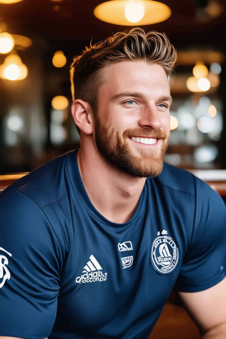 A warm and inviting atmosphere fills the rustic pub as a handsome lad, sporting short wavy hair and a well-groomed beard, smiles broadly amidst a sea of camaraderie. The shallow depth of field brings his face into sharp focus, while the matte finish and high-resolution image render every detail with exceptional mastery. Captured through the Leica 65mm lens, this stunning portrait exudes happiness and contentment as the rugby player leans back in his chair, surrounded by the warm glow of golden lighting.
- ### - Sampler: DPM++ 2M SGM Uniform