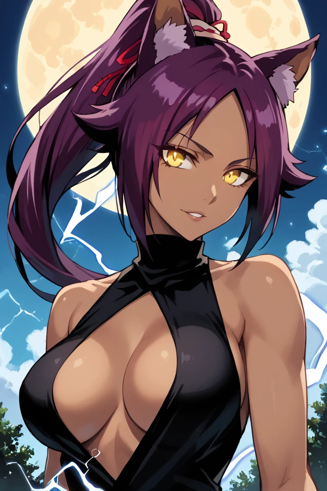 score_10_up, score_9_up, score_8_up, score_7_up, source_anime, 1girl, solo, (shihouin yoruichi), (purple hair), (yellow eyes), dark-skinned female, (big breasts), long hair, high ponytail, hair tie, animal ears, tail, (electrokinesis), (electricity), (convenient censoring), standing, looking at you, seductive smile, outdoors, sexy, parted lips, full lips, (golden electricity), (glowing electricity), backlighting, blue sky, day, sun, wind, trees, clouds, moon, night, fog, (detailed face), (detailed background), (portrait), detailed landscape, (perfect lighting), (best quality), horizon, (light particles), glowing eyes, anime, (perfect female body), (beautiful eyes and face), (upper body), <lora:yoruichi-shihouin-ponyxl-lora-nochekaiser:0.8>