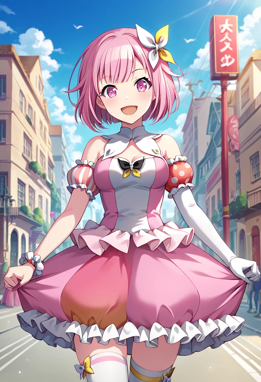 otori_emu, pink hair, short hair, pink eyes, thighhighs, striped, bow, white gloves, elbow gloves,  sekai outfit, pink dress, detached sleeves, puffy sleeves, white collar, mismatched sleeves, polka dots, stripped, frills, frilled dress, bubble skirt, elbow gloves, single glove,official art, medium breasts,  BREAK outside, city street, BREAK looking at viewer, sexy face, sexy smile, open mouth, cowboy shot BREAK score_9, score_8_up, score_7_up, source_anime ,zPDXL, perfect hand,<lora:Otori_Emu:0.8>