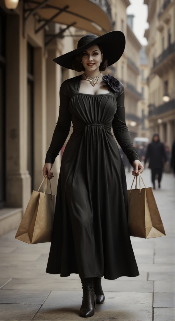 Alcina Dimitrescu wears a black hat and a dress. She is walking in a shopping street. She is carrying shopping bags. She is smiling.<lora:Alcina_Dimitrescu:0.9>