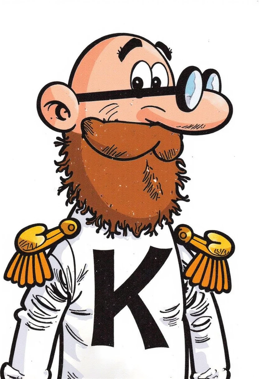 cartoonish drawing of a man mort4d3lo style bald, with a long beard, dressed as a soldier with a letter K on his shirt