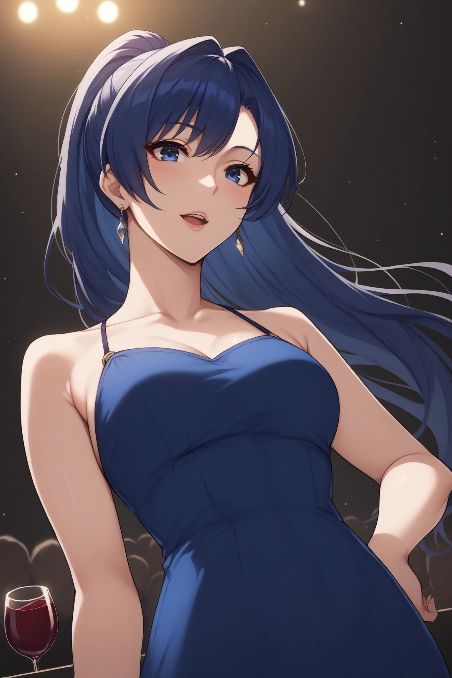 todoh kasumi, long hair, blue hair, ponytail, blue eyes, blue dress, collarbone, wine, wineglass, <lora:Kasumi_Todoh:0.8>, score_9, score_8_up, score_7_up, score_6_up, score_5_up, source_anime, rating_safe, medium breasts, indoors, concert hall, 1girl, solo, look down, <lora:age_slider_v4:2>, (upper body:1.2), open mouth