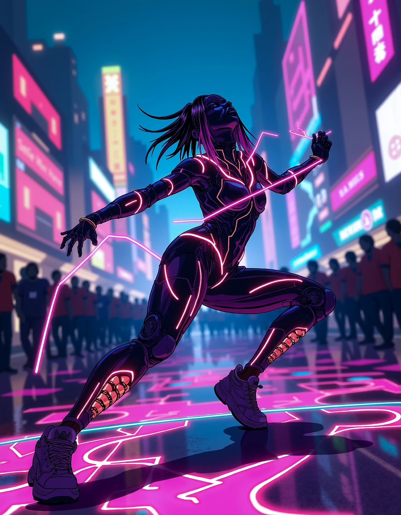 zavy-dgrnnrs, Colorful anime drawing of a cyberpunk street dancer performing under vibrant holographic projections, their body moving with fluid, robotic-like precision, with glowing tattoos and neon trails following their movements, as a futuristic crowd watches