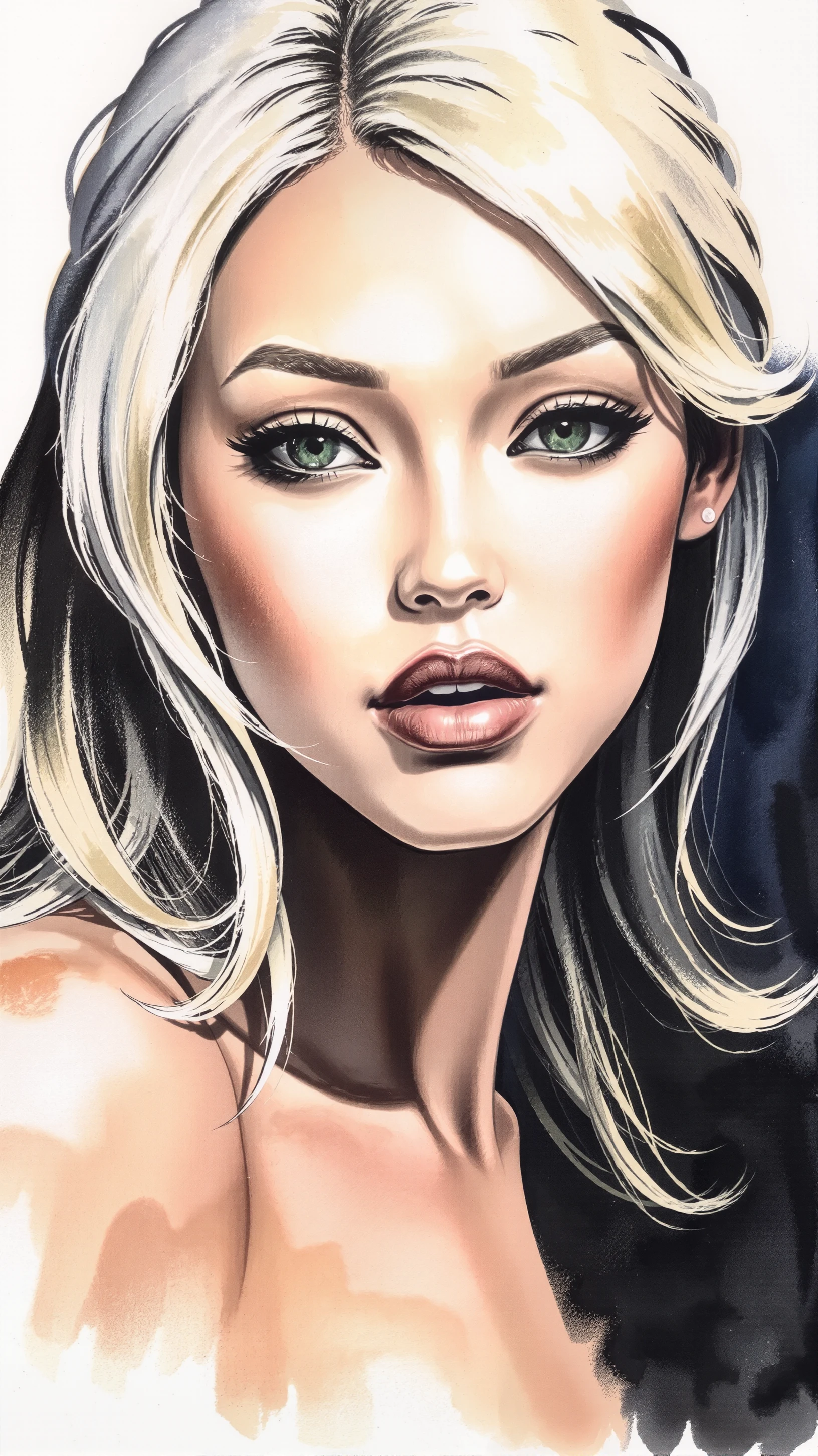 This is a hand-drawn ilustration of a young woman with striking features. She has a fair, glowing complexion with a slight golden undertone, suggesting a healthy, sun-kissed appearance. Her eyes are a piercing shade of green, framed by thick, dark eyelashes. Her hair is a striking, platinum blonde, styled in loose, voluminous waves cascading down her back, with a few strands framing her face. <lora:m4n4r4 v2 by Devildonia:1> m4n4r4