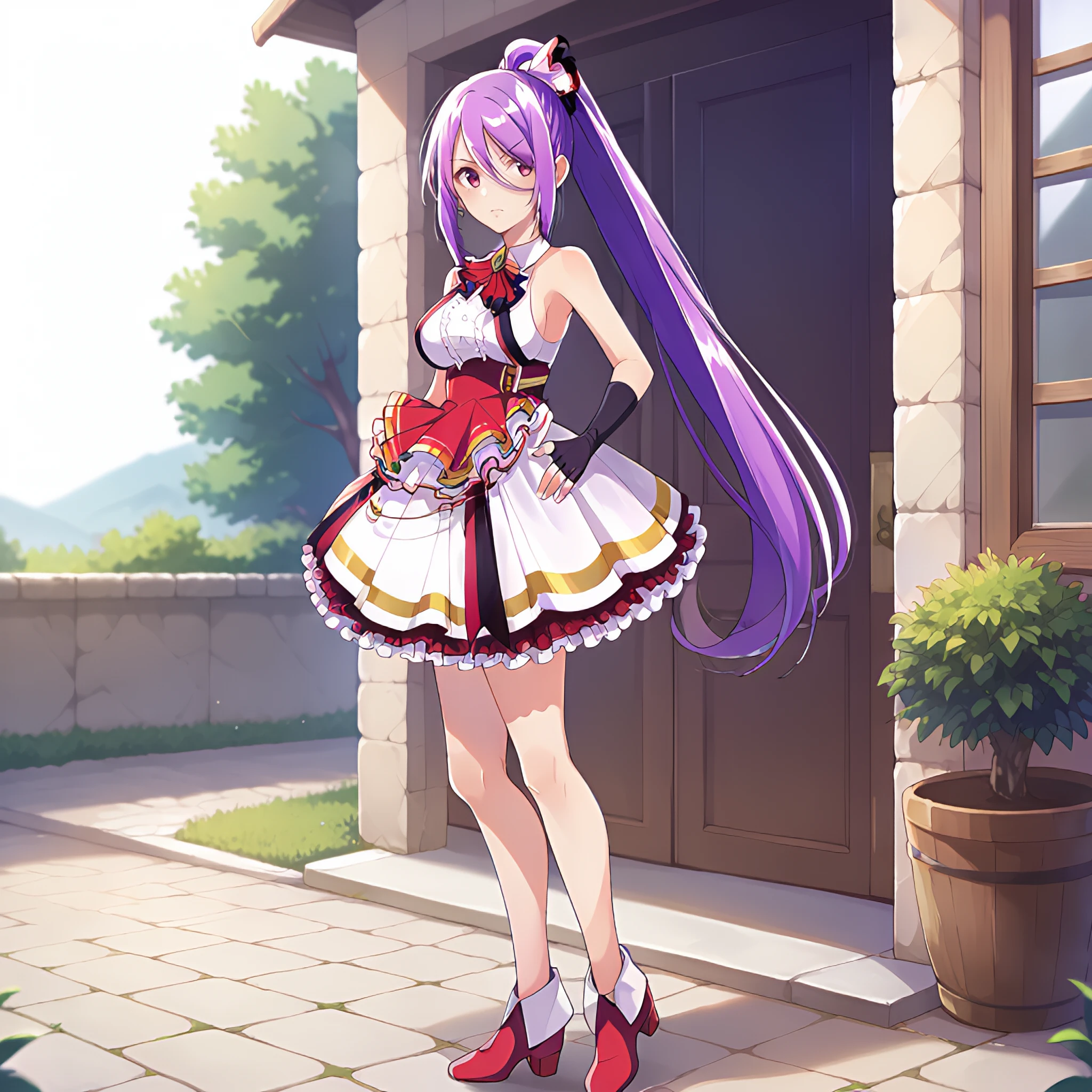 score_9, score_8, score_7_up,source_anime,medieval,outdoors,

1girl, jpashley2, solo, from side, very long hair, tiarido8 layered skirt, tiarido4 hair ribbon, tiarido4 high heels, jpas3 fingerless gloves, tiarido6 corset, hand on own hip, full body, tiarido4 bowtie, looking at viewer, standing, closed mouth, tiarido8 shirt