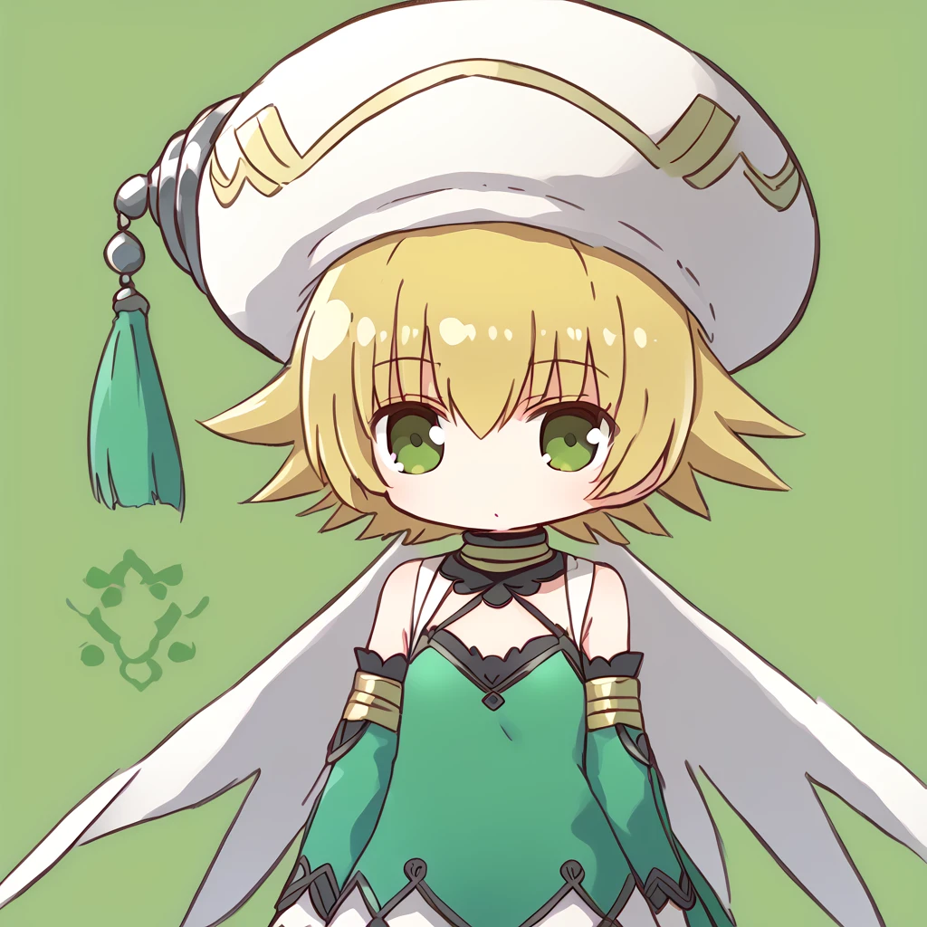 <lora:Character_Atoli_.hackG.U.:1>  atoligu, 1girl, solo, blonde hair, hat, short hair, detached sleeves, green eyes < <lora:NagaU:1> chibi