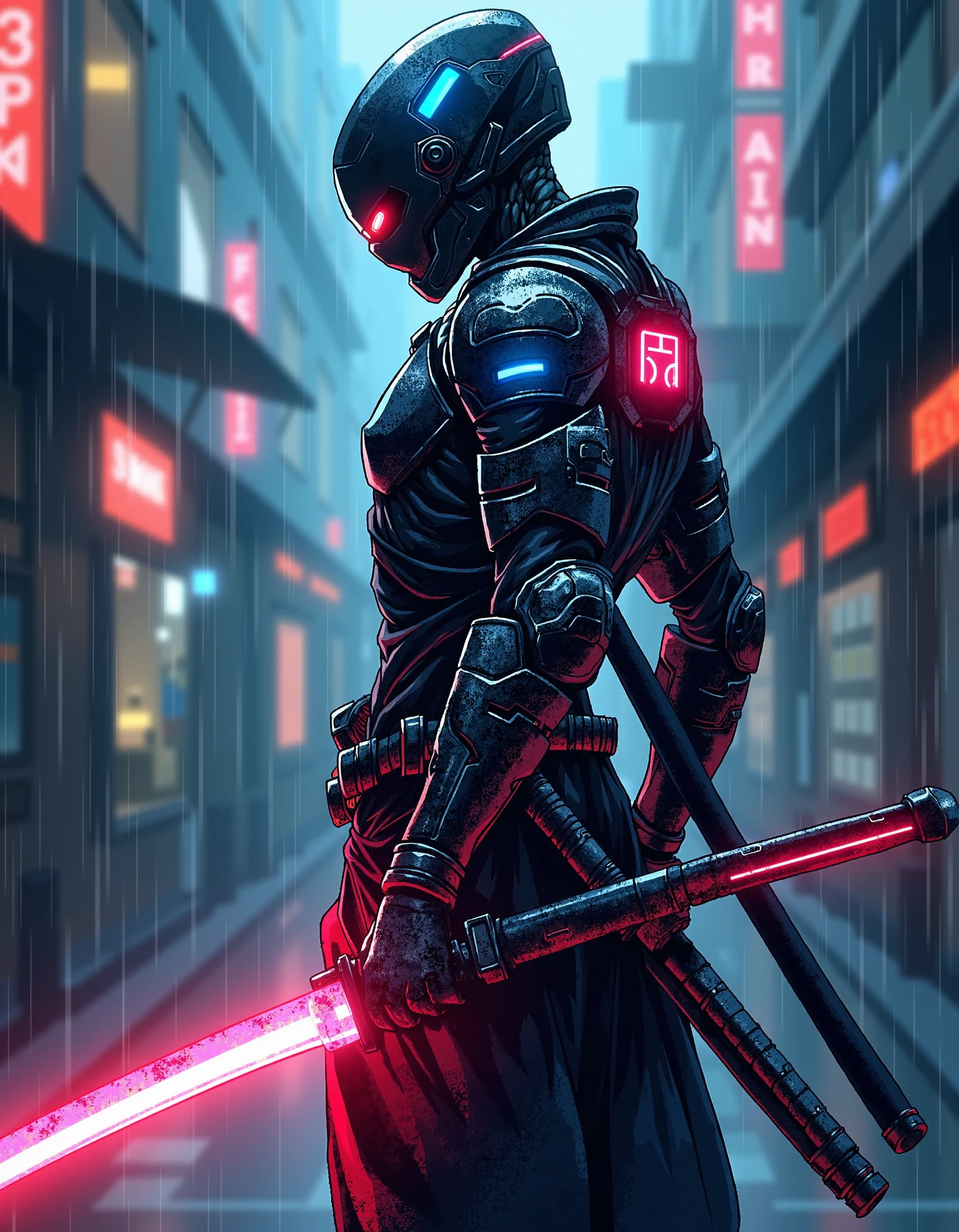 zavy-dgrnnrs, Colorful anime drawing of a cyberpunk samurai, wearing sleek, high-tech armor with glowing red and blue accents, holding a katana with neon light trails, standing in front of a dystopian, rain-soaked alleyway