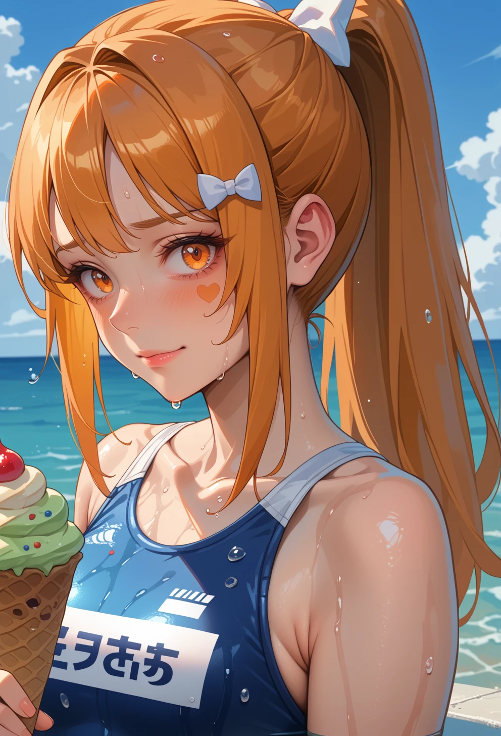 score_9, score_7_up, source_anime, solo, BREAK  <lora:AEHeddy:0.7> AEHeddy, orange eyes, orange hair, long hair, ponytail, sidelocks, facial mark, heart facial mark, hair bow, hair tie, hair clip, blue bow, white bow, wet, ocean, ice cream cone spill, nervous sweating, nervous smile, forced smile, competition swimsuit