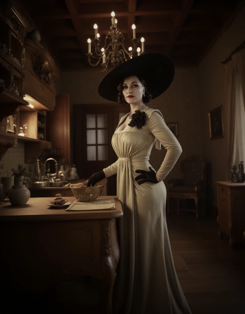 Alcina Dimitrescu wears a back hat and a dress in a castle. She is baking cookies in the kitchen <lora:Alcina_Dimitrescu:0.9>