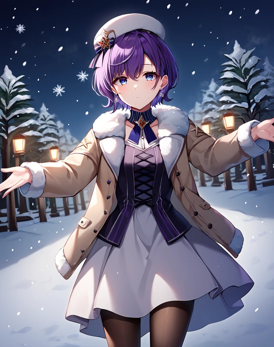 asahina_mafuyu, purple hair, purple eyes, blue eyes, gradient eyes, hat, dress, white headwear, fur trim, earrings, jewelry, pantyhose, jacket,  snowflakes, short hair, black pantyhose, long sleeves, BREAK outdoors, park, snow, snowing,  dark, night, dark lighting BREAK looking up, looking at sky, standing, cowboy shot,  neutral face BREAK score_9, score_8_up, score_7_up, source_anime ,zPDXL, perfect hand,<lora:Asahina_Mafuyu:0.8>,  dutch angle, outstretched arms, open hands