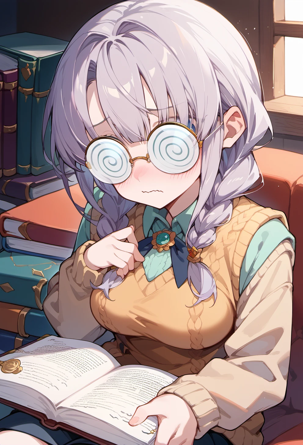 score_9, score_8_up, score_7_up, source anime, la hawzel, 1girl, solo, twin braids, long hair, blush, spiral glasses, wavy mouth, grey hair, round eyewear, sweater vest, sweater, sitting, book, <lora:coke-bottle_glasses-xl-pony-v1:1>, <lora:la_hawzel-xl-pony-v1-000007:1>,