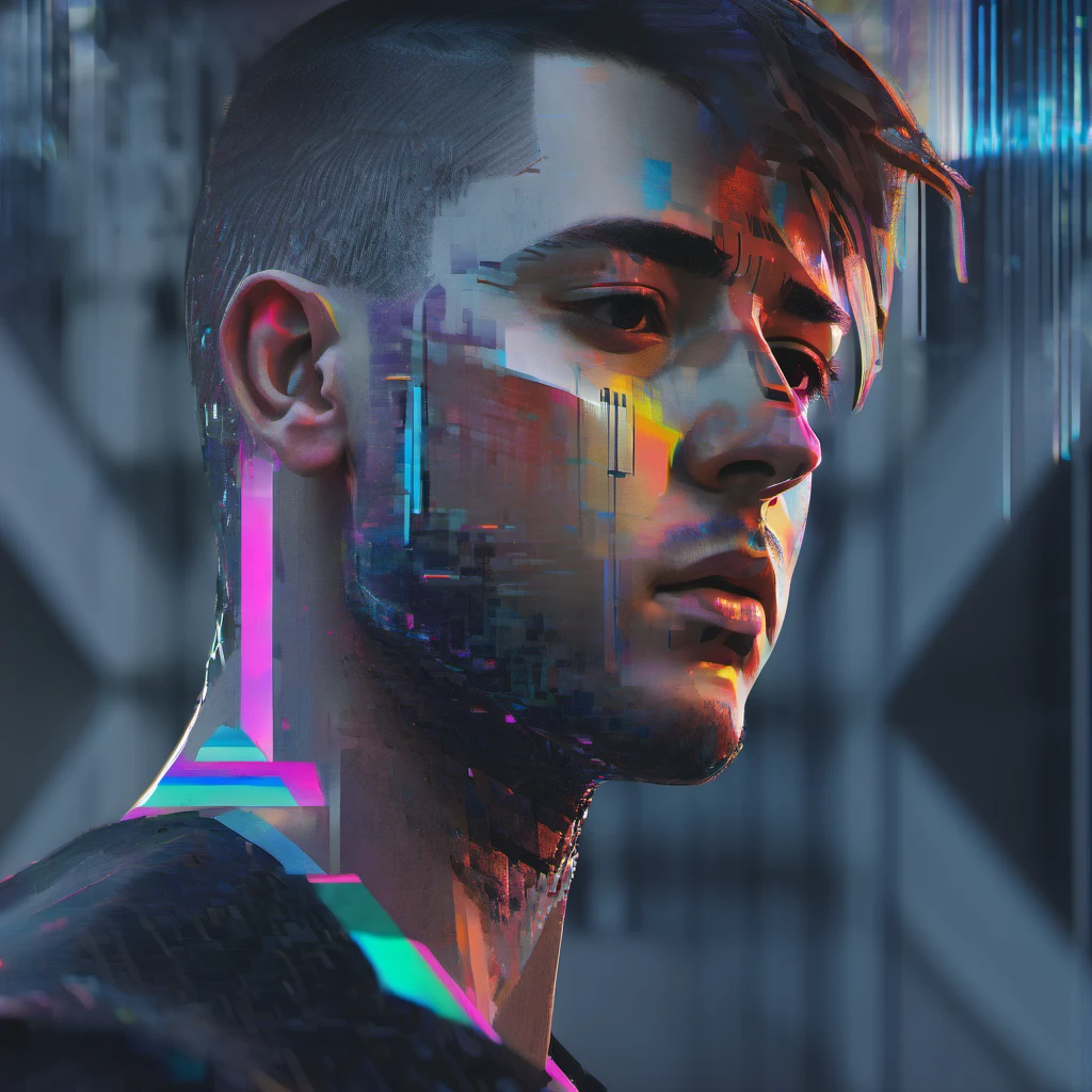 initial visuals initialvisuals 3d concept art: male portrait brutalism, contrasts 11:11, bokeh depth of field chromatic aberration, glitch effect