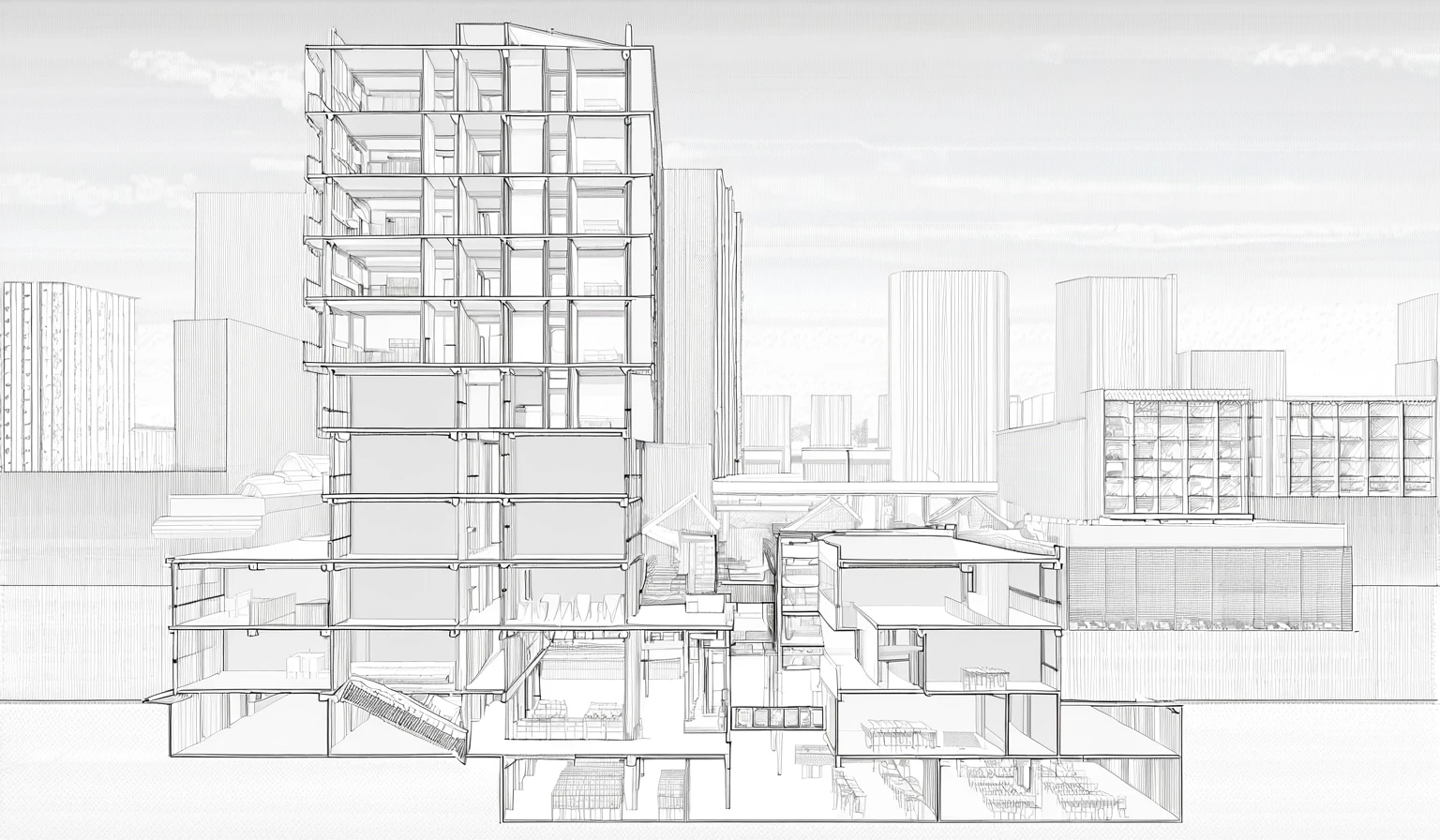 best quality, good quality, architecture, a section perspective drawing of a library with a lot of book shelves and a porch area with a table and chairs and a bench, David Chipperfield, archdaily, modernism