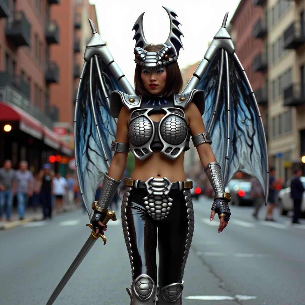 a woman dressed in armor holding a sword in her hand and a dragon on her armholding a sword and a helmet on her head, walking the streets of new-york.