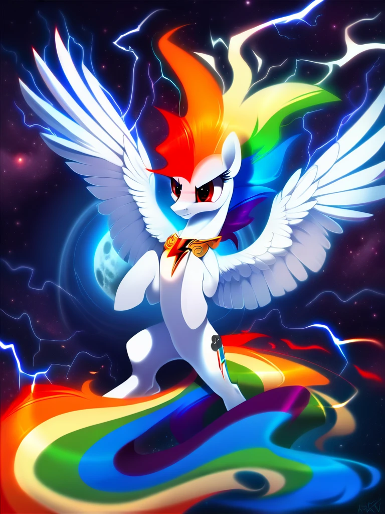 score_9, score_8_up, score_7_up, score_6_up, score_5_up, score_4_up, source_pony, feral pony, Super_Rainbow_Dash, white fur, glowing, ki, ultra instinct, electricity, aura, flying, space, star \(sky\), moon, detailed background, detailed face, detailed eyes, <lora:superdash-v1:1>